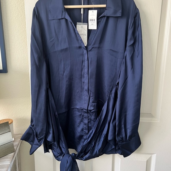 NWT Estelle Ryder Wrap Shirt 3X Navy Blue Long Sleeve Button Down Satin 20W - Picture 6 of 13